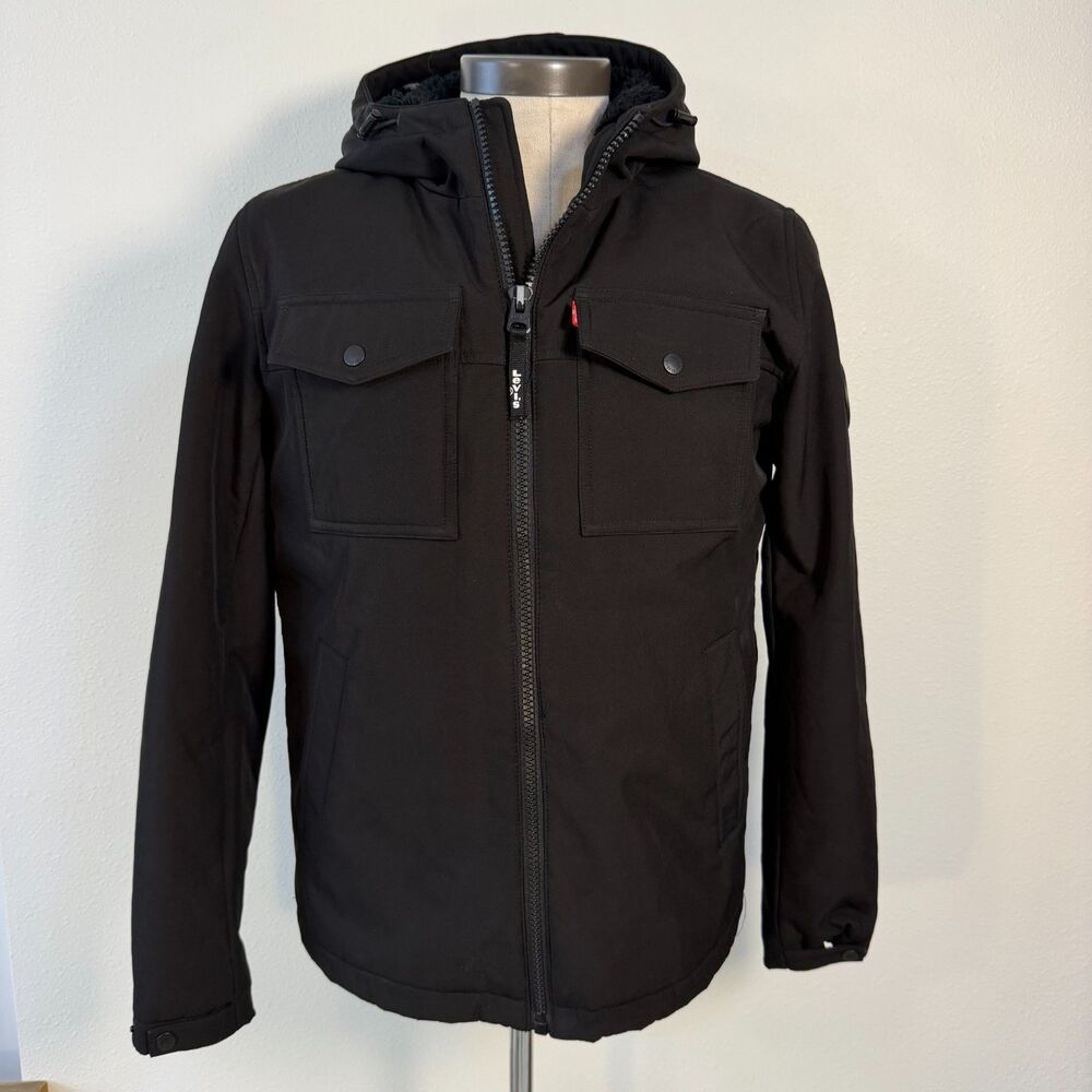 Levi Strauss & Co Small Black Sherpa Lined Softshell Hooded Jacket Levis